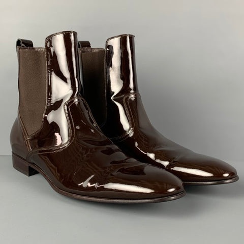 SALVATORE FERRAGAMO Taille 10,5 Bottines en cuir verni marron