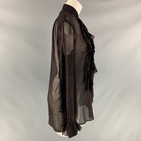 DRIES VAN NOTEN Size 4 Black &  Red Silk Stars Ruffle Shirt