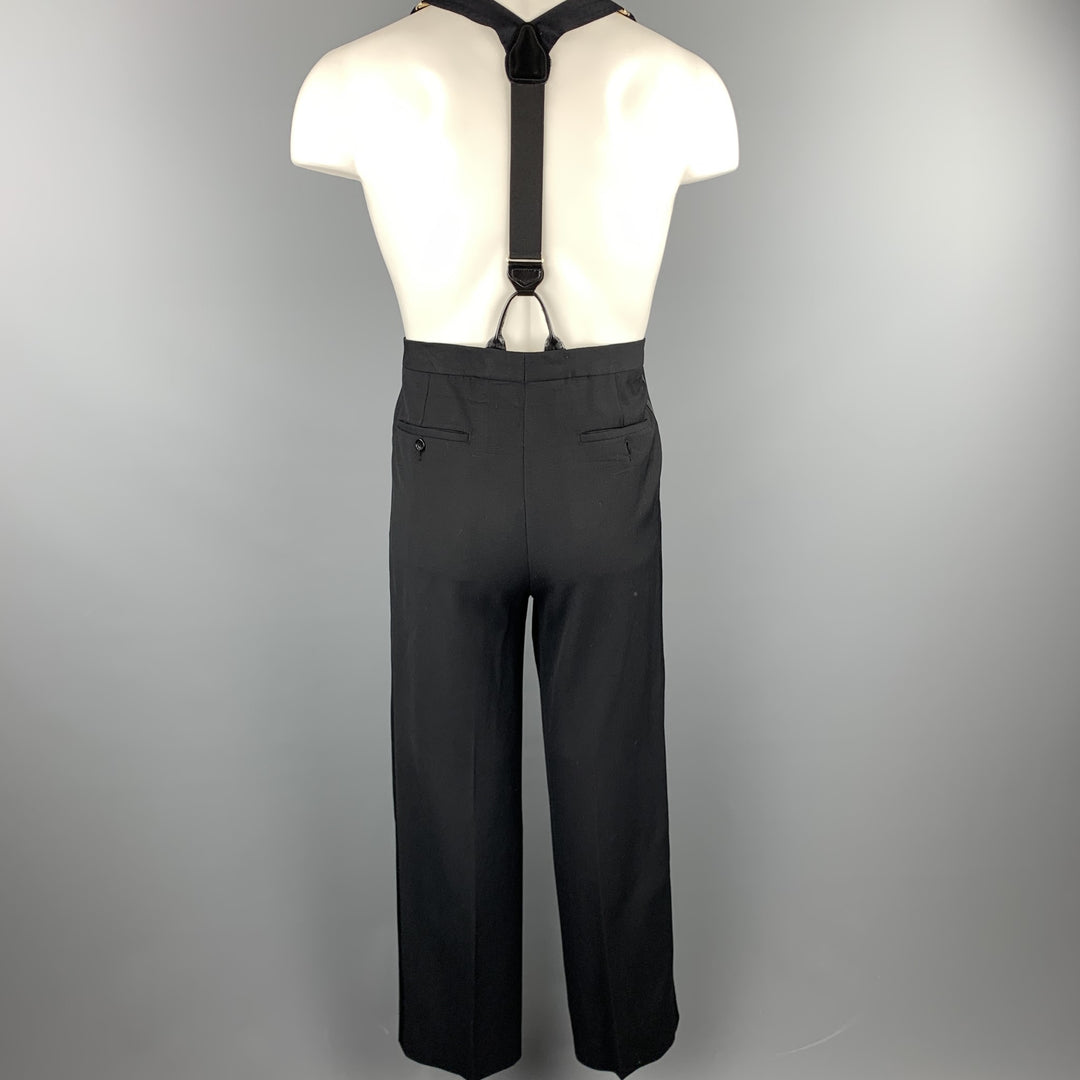Vintage Size 33 Black Wool Pleated Tuxedo Stripe Braces Trousers