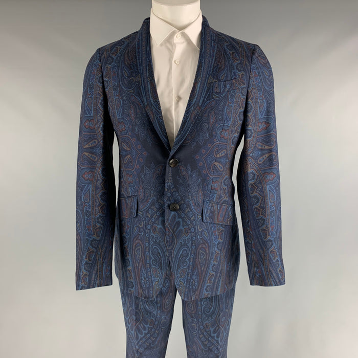 ETRO Chest Size 38 Navy Blue Paisley Wool Notch Lapel 32 31 Suit