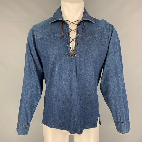 TOMMY ATKINS Size M Blue Solid Cotton Lace Up Long Sleeve Shirt