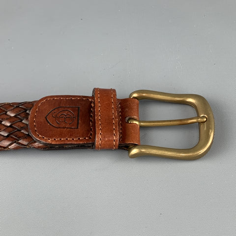 J & C Size 34 Woven Brown Leather Brass Buckle Belt