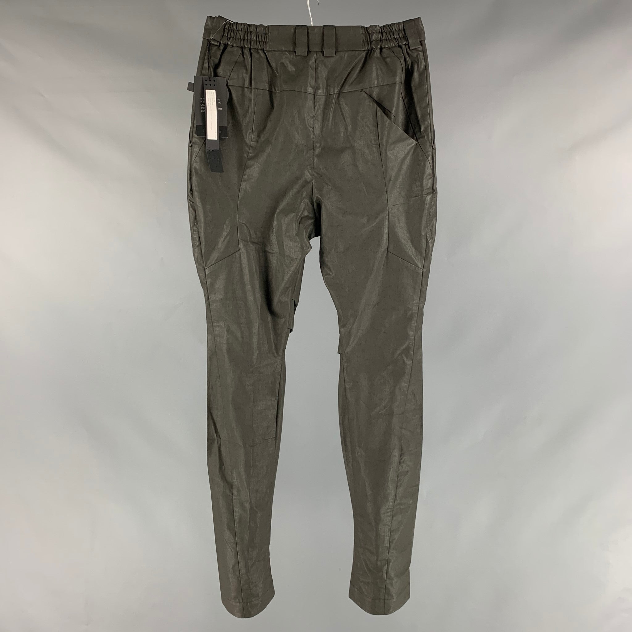 DEVOA Size L Olive Solid Polyester Blend Asymmetrical Casual Pants