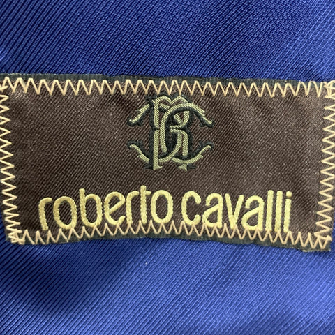 ROBERTO CAVALLI Size 42 Black Purple Print Silk Peak Lapel Sport Coat