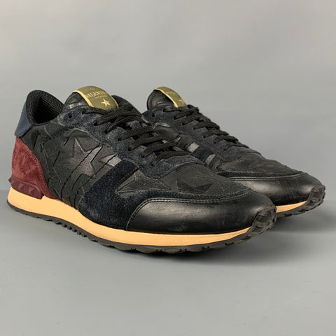 VALENTINO Size 10 Navy Burgundy Stars Leather Rockrunner Sneakers