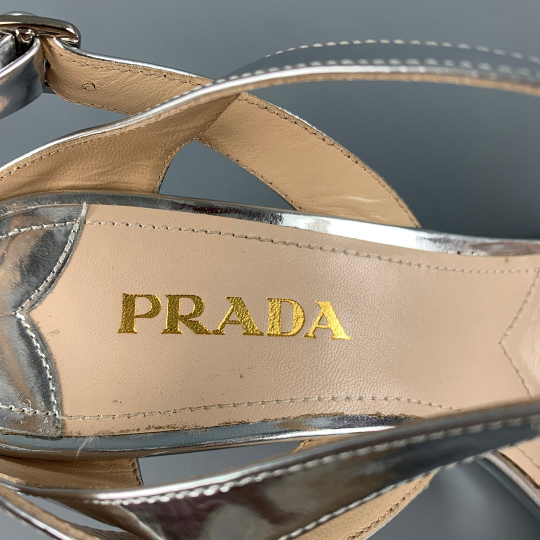 PRADA Size 7 Silver Metallic Slingback Wedges
