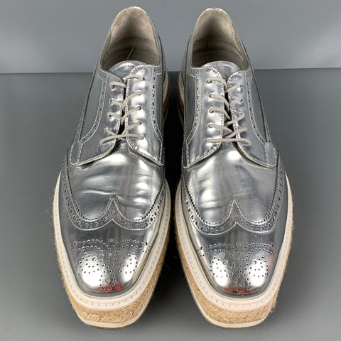 PRADA Size 10 Silver Perforated Leather Platform Lace Up Shoes