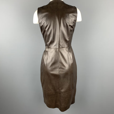 OSCAR DE LA RENTA Size 4 Brown Leather Draped Sleeveless Wrap Dress
