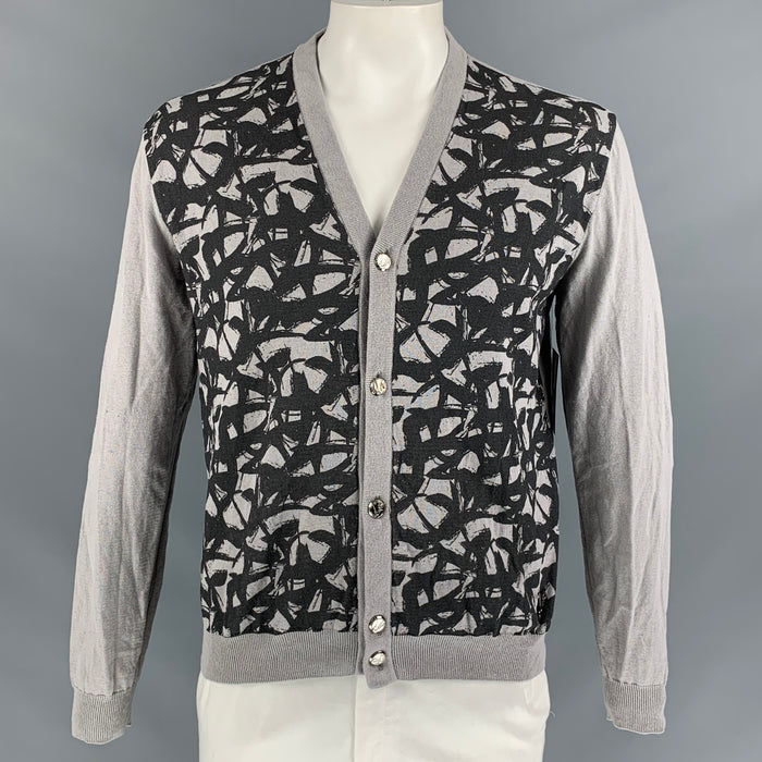 VERSACE JEANS Size XL Grey Charcoal Abstract Cotton & Linen V-Neck Cardigan
