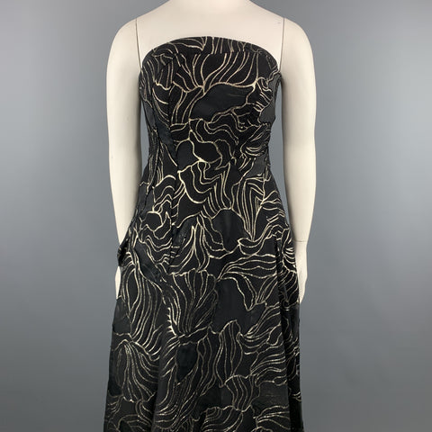 RUBIN SINGER Size 14 Black & Gold Floral Wool Blend Strapless Bustier Evening Gown