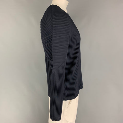 ISSEY MIYAKE HOMME PLISSE Size XL Navy Pleated Polyester Long Sleeve Pullover