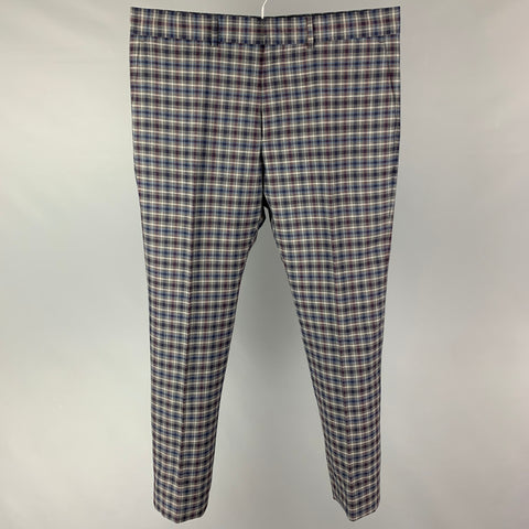 LOUIS VUITTON Size 36 Navy Grey Plaid Wool Zip Fly Dress Pants
