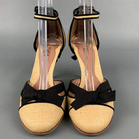 ALAIA Talla 5.5 Zapatos de tacón con lazo texturizado de paja natural y negro