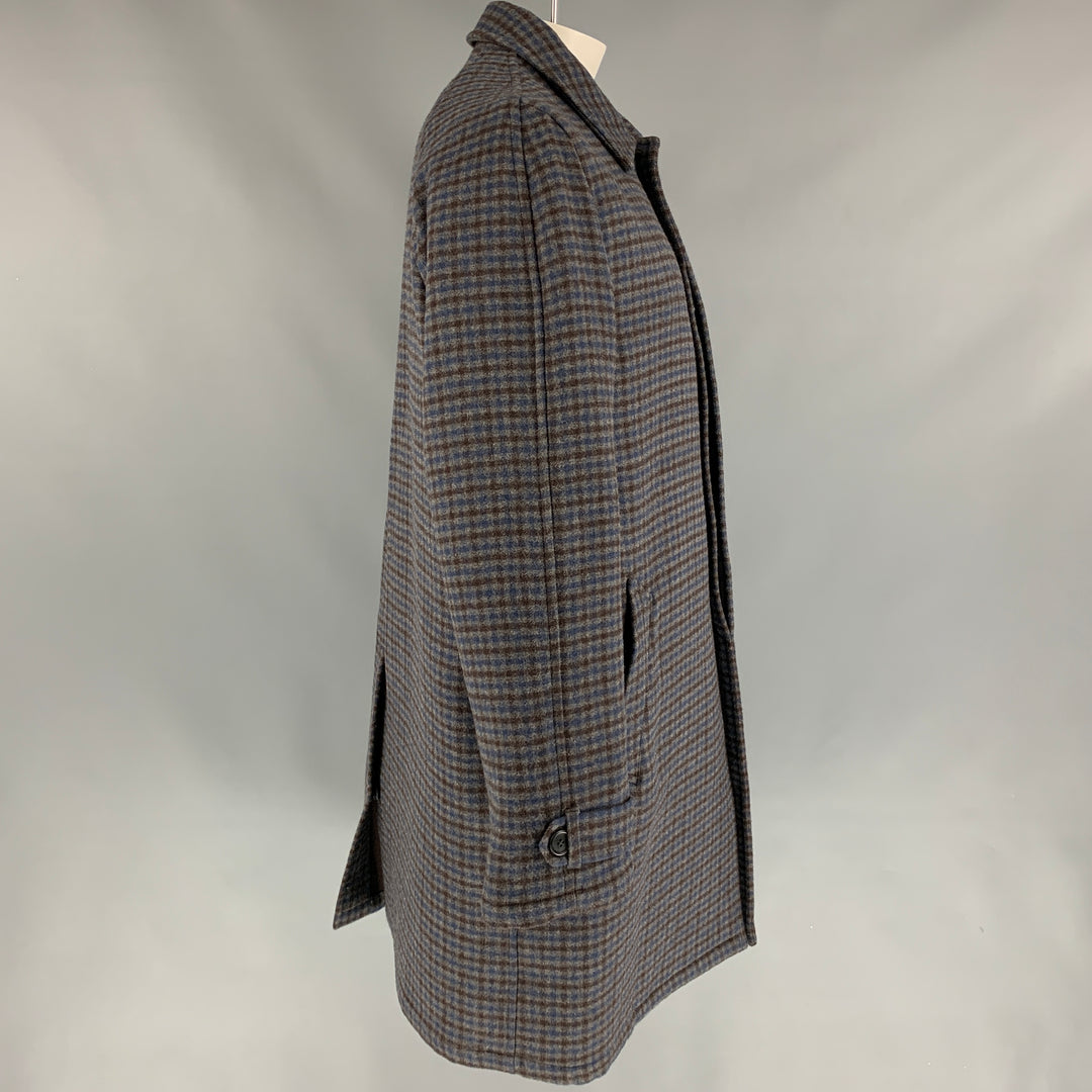 PRADA Size 44 Grey & Blue Checkered Wool Hidden Placket Coat