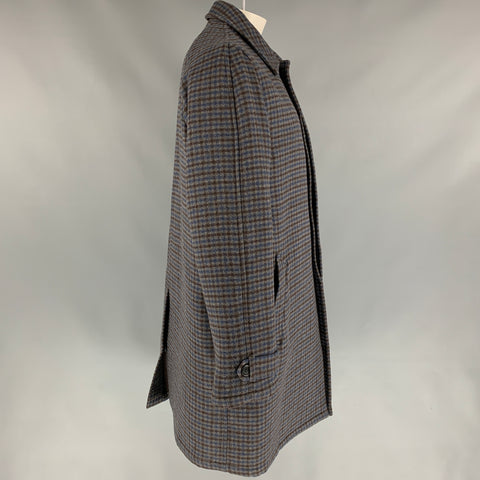 PRADA Talla 44 Abrigo con tapeta oculta de lana a cuadros gris y azul