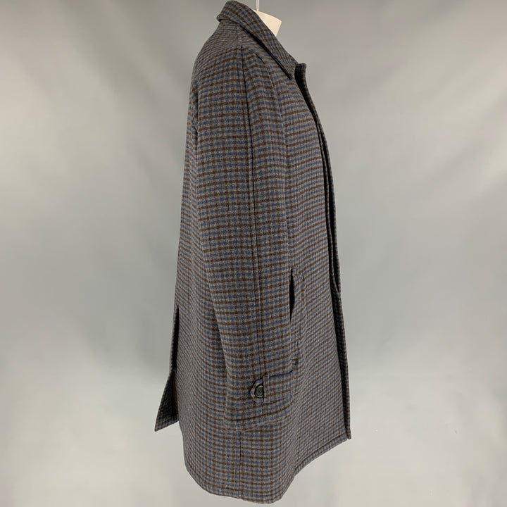 PRADA Size 44 Grey & Blue Checkered Wool Hidden Placket Coat