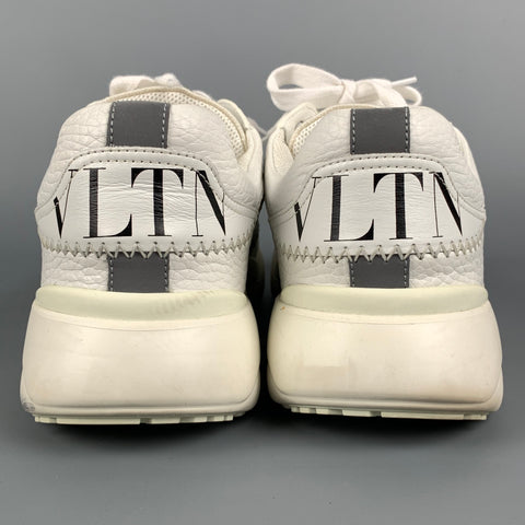 VALENTINO Size 12 White & Light Grey Leather Lace Up Sneakers