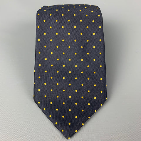 BARNEY'S NEW YORK Navy Yellow Polka Dot Silk Twill Tie