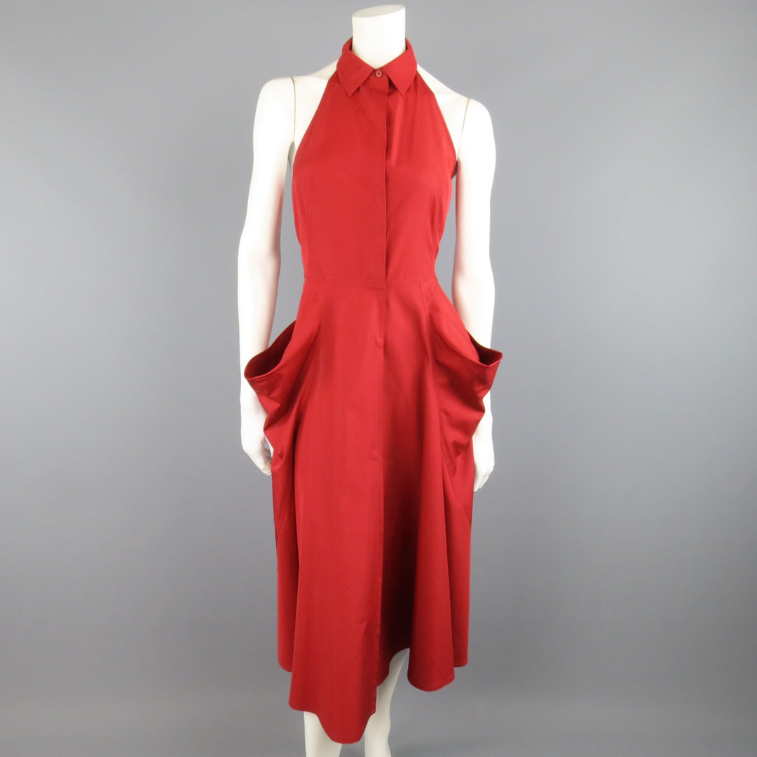 DONNA KARAN Size 4 Red Cotton Halter Top A Lline Shirt Dress Sui Generis Designer Consignment DONNA KARAN Size 4 Red Cotton Halter Top A Lline Shirt Dress Sui Generis Designer Consignment