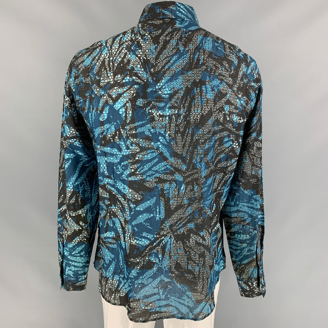 JUST CAVALLI Size XXL Blue & Black Print Cotton / Silk Tuxedo Long Sleeve Shirt