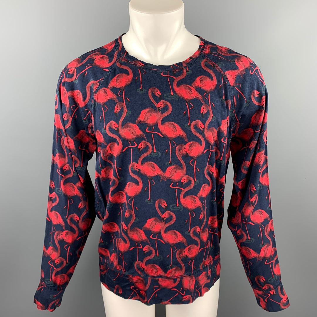 MARC JACOBS Size M Navy & Red Flamingo Print Viscose Raglan Pullover