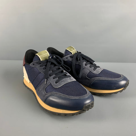 VALENTINO Size 12 Navy Mixed Materials Leather Lace Up Sneakers