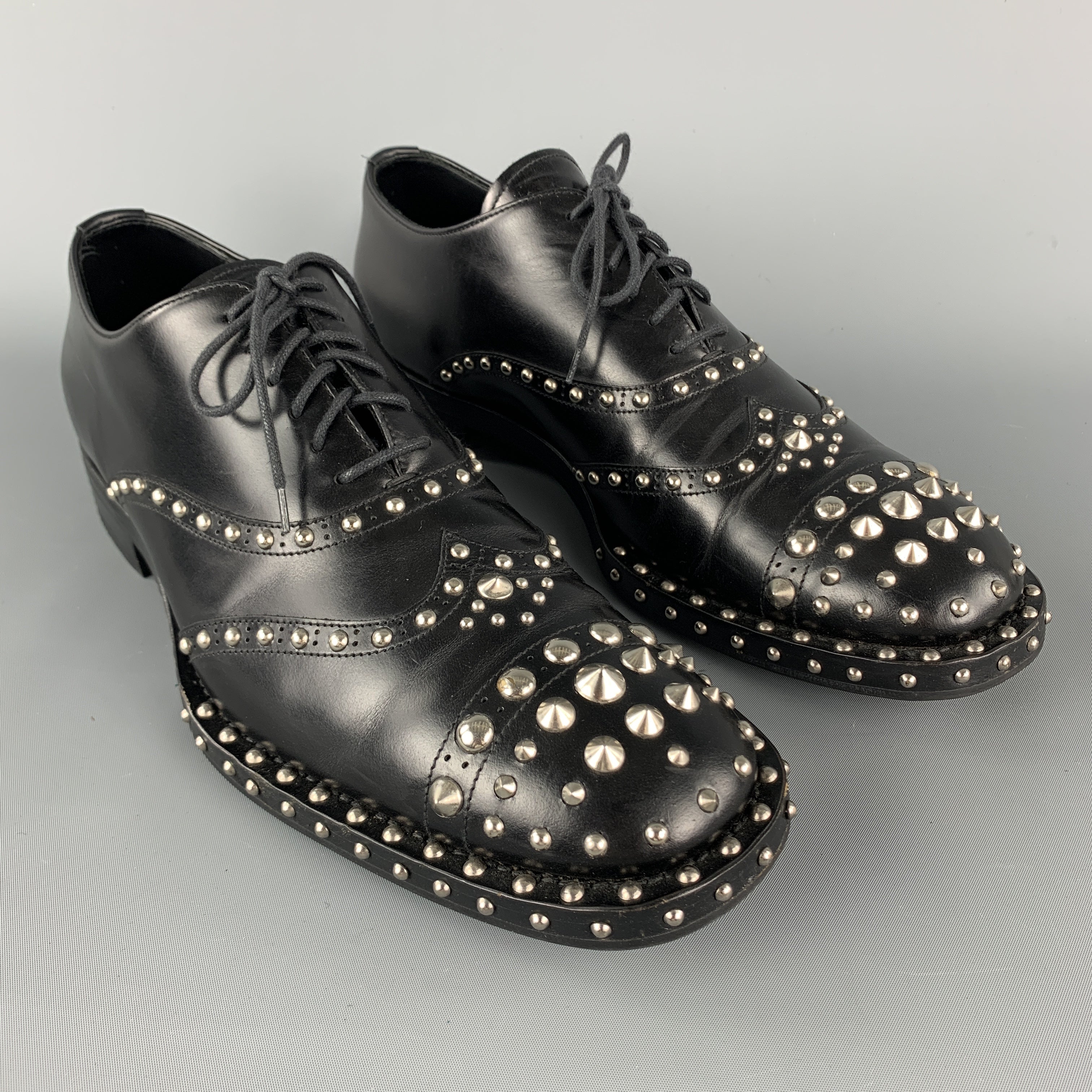 PRADA F/W 09 Size10.5 Black Studded Leather Cap Toe Lace Up Shoes