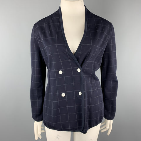 GIORGIO ARMANI Size 12 Navy Windowpane Double Breasted Cardigan Jacket