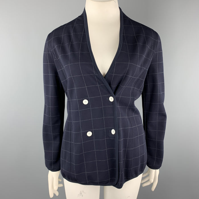 GIORGIO ARMANI Size 12 Navy Windowpane Double Breasted Cardigan Jacket