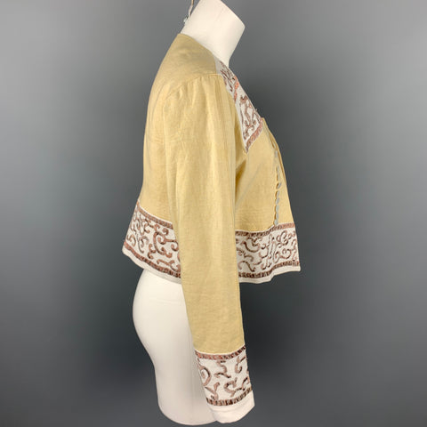 DRIES VAN NOTEN Size 4 Beige Embroidered Linen Open Front Jacket