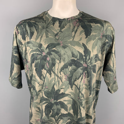 DRIES VAN NOTEN Size XL Olive Print Cotton Crew-Neck T-shirt