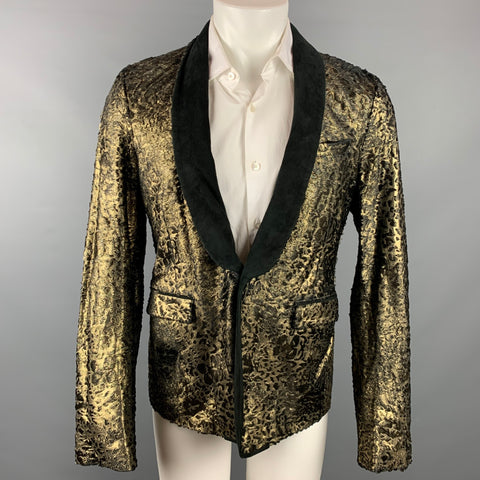 ROBERTO CAVALLI Size 42 Gold & Black Laser Pony Jacquard Leather Shawl Collar Sport Coat