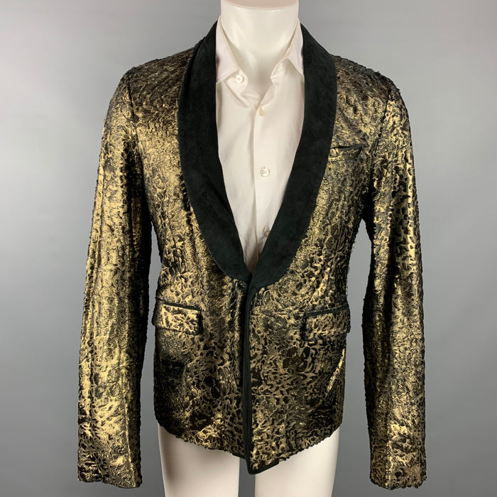 ROBERTO CAVALLI Size 42 Gold & Black Laser Pony Jacquard Leather Shawl Collar Sport Coat