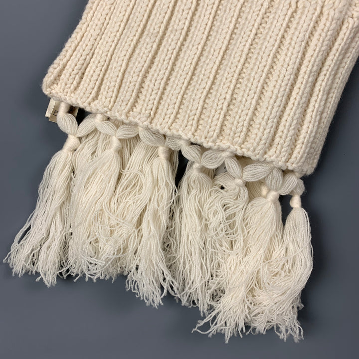BURBERRY Cream Cable Knit Wool Cashmere Tassel Fringe Scarf