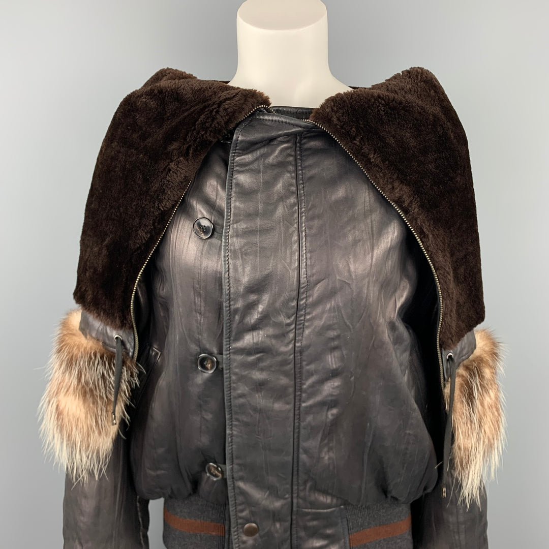 JEAN PAUL GAULTIER Femme Size M Black Leather Sheep Skin Turtleneck Fur Collar Jacket