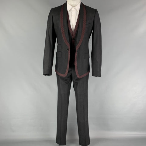 DOLCE & GABBANA Size 38 Grey Burgundy Polka Dot Virgin Wool 3 Piece Suit