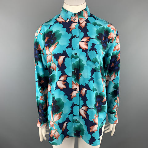 KENZO Size L Aqua Floral Leafs Silk Long Sleeve Shirt