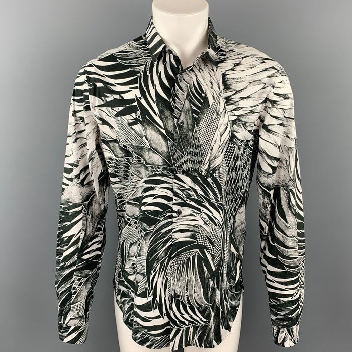 JUST CAVALLI Size M Black & White Abstract Print Cotton Button Up Long Sleeve Shirt