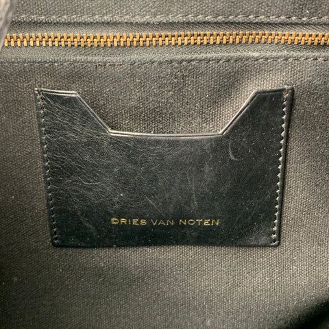 DRIES VAN NOTEN Black Alligator Embossed Leather Canvas Tote Handbag