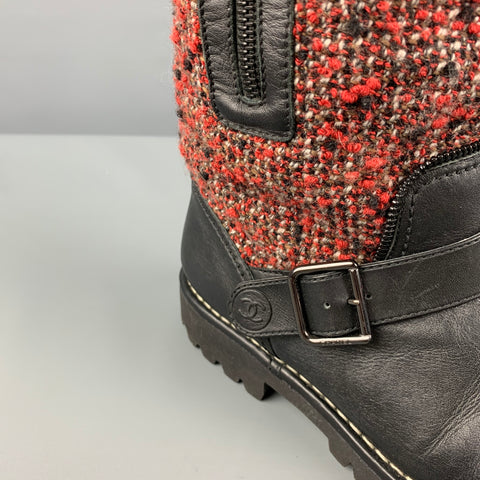 CHANEL Talla 8 Botas sin cordones de materiales mixtos de tweed burdeos negro