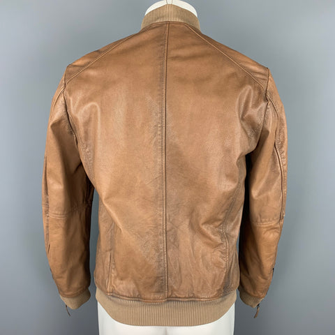 EMPORIO ARMANI Size 40 Tan Leather Zip Up Bomber Jacket