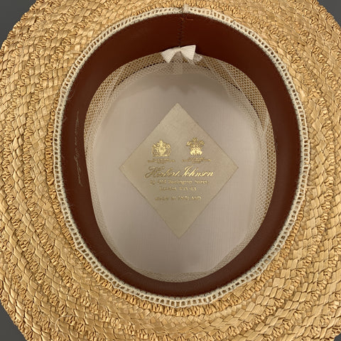 HERBERT JOHNSON Size 7 1/8 Straw Woven Red & Navy Grosgrain Boater Hat