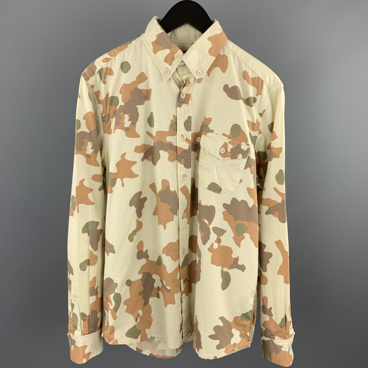 STEVEN ALAN Camisa de manga larga con botones de algodón de camuflaje crema talla M