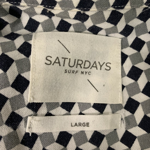 SATURDAYS NYC Size L White, Black &  Grey Geometric Cotton Long Sleeve Shirt