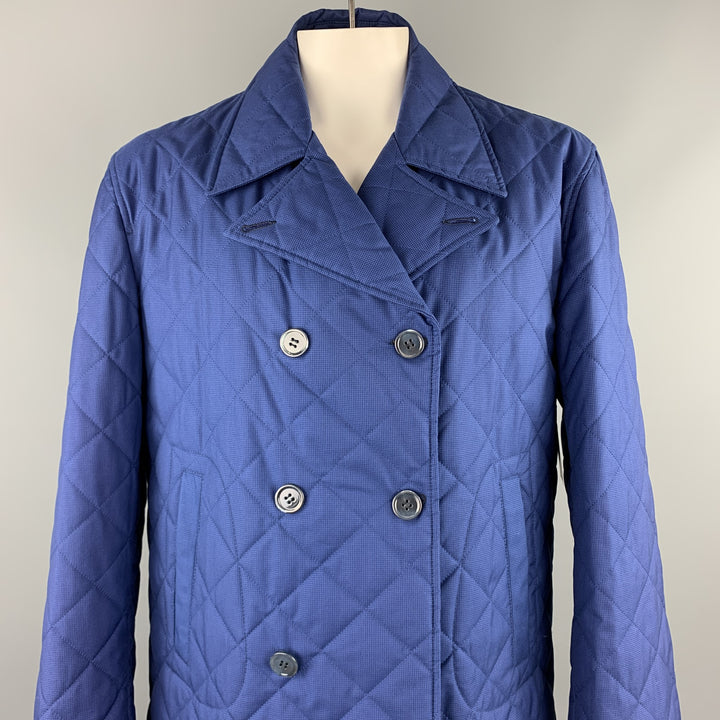 ISAIA Size 48 Royal Blue Quilted Cotton / Wool Double Breasted Peacoat