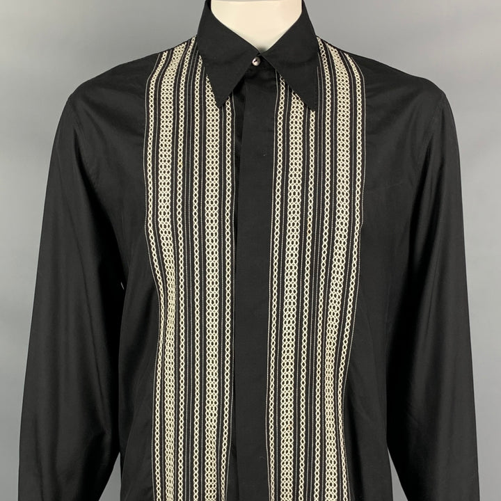 EQUIPMENT Size XL Black & Beige Embroidery Silk Hidden Placket Long Sleeve Shirt
