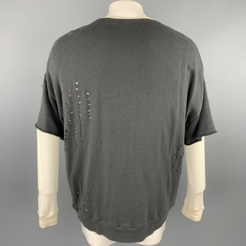 R13 Size L Charcoal & Beige Distressed Cotton Crew-Neck Double Layer Sweatshirt