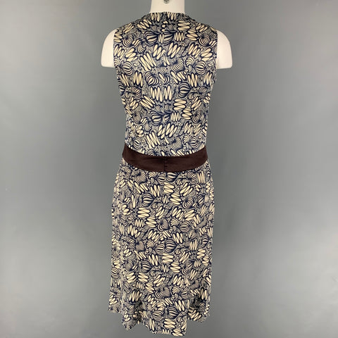 CELINE Taille 4 Robe sans manches abstraite en soie blanche marine