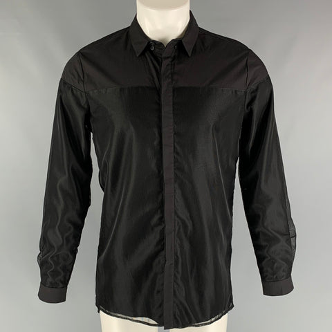 STAMPD Camisa de manga larga con tapeta oculta de algodón, tejidos mixtos, color negro, talla S