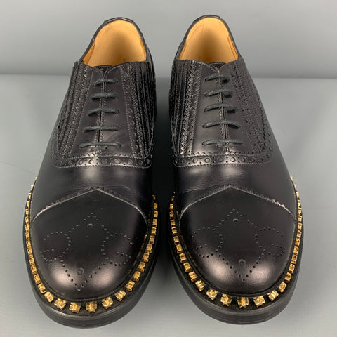 GUCCI Size 8 Black Perforated Leather Studded Lace Up Shoes